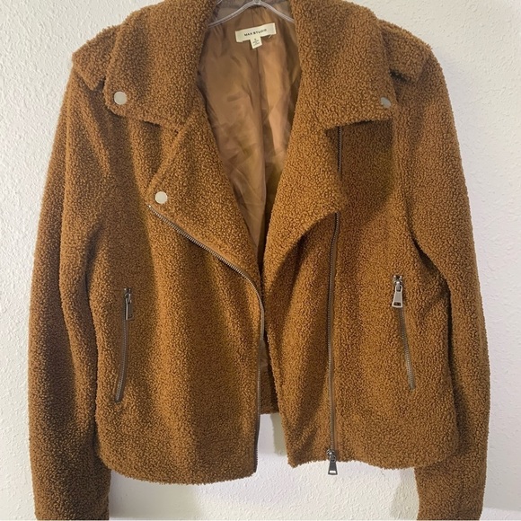 Max Studio Brown Women's Faux Sherpa Moto Teddy Bear Jacket Coat Size Small - Picture 2 of 12